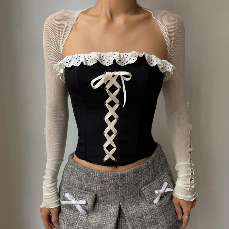 Contrast Color Wooden Ear Cross Strap Waist Tube Top Women