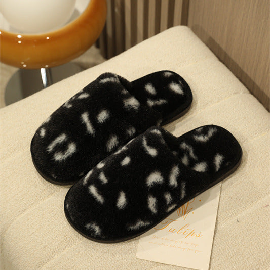 Unisex Leopard Print Suede Slippers With Warm Cotton Lining