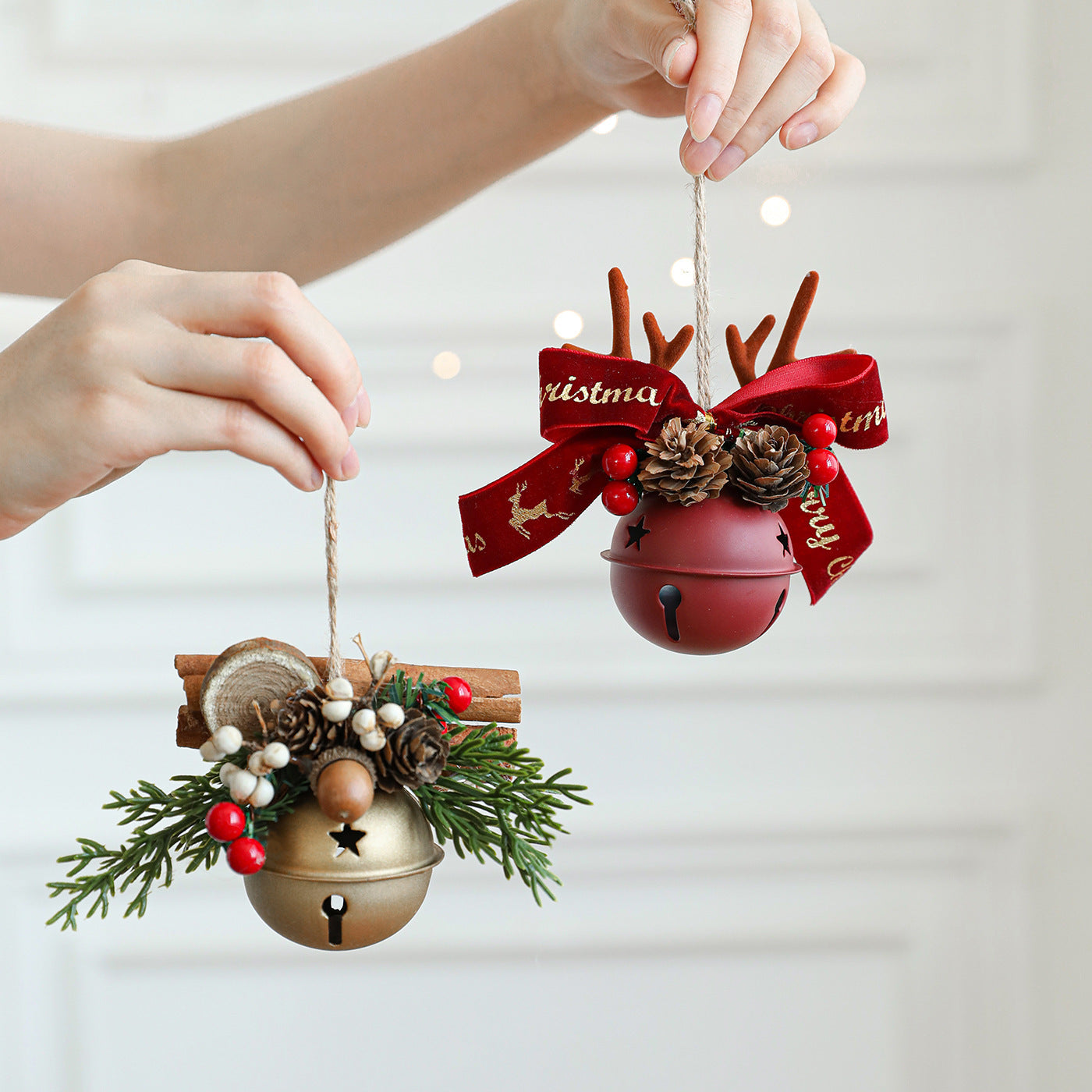 Jingling Bell Antlers Bowknot Pine Cone Mixed Pendant Show Window Hangings