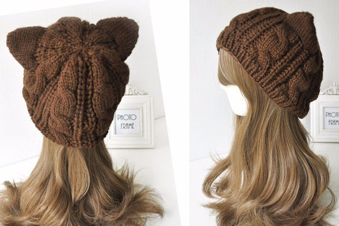 Cute Devil Horns Cat Ears Crochet Knit Beanie for Women