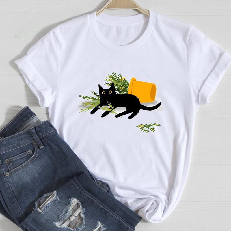 Cute Cat Print T-Shirt – Women's European & American Style Short Sleeve Top