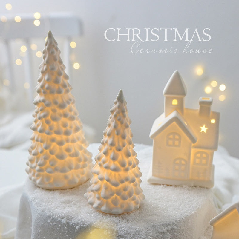 Ceramic Christmas Tree with LED Snowman Small House Desktop Decoration