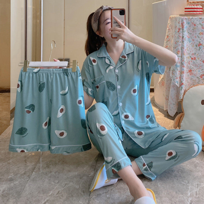 Womens Milk Silk Fruit Print Pajamas Short Sleeve Relaxed