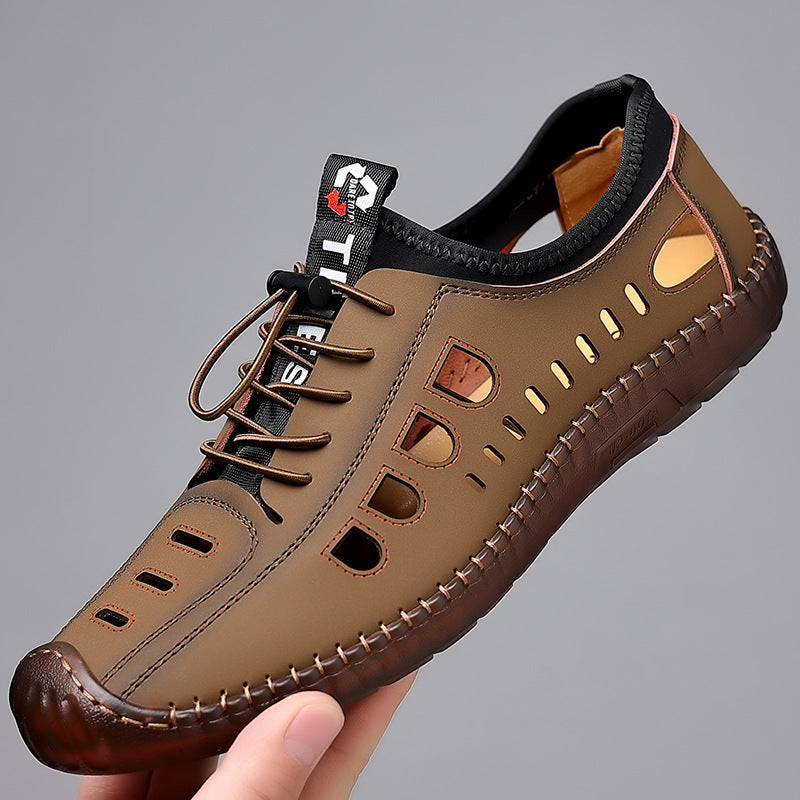 Men's Sandals Hollow Leather Soft Bottom Hole Shoes