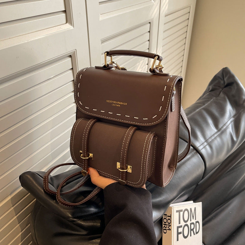 Womens Retro PU Backpack With Contrast Stitching Details