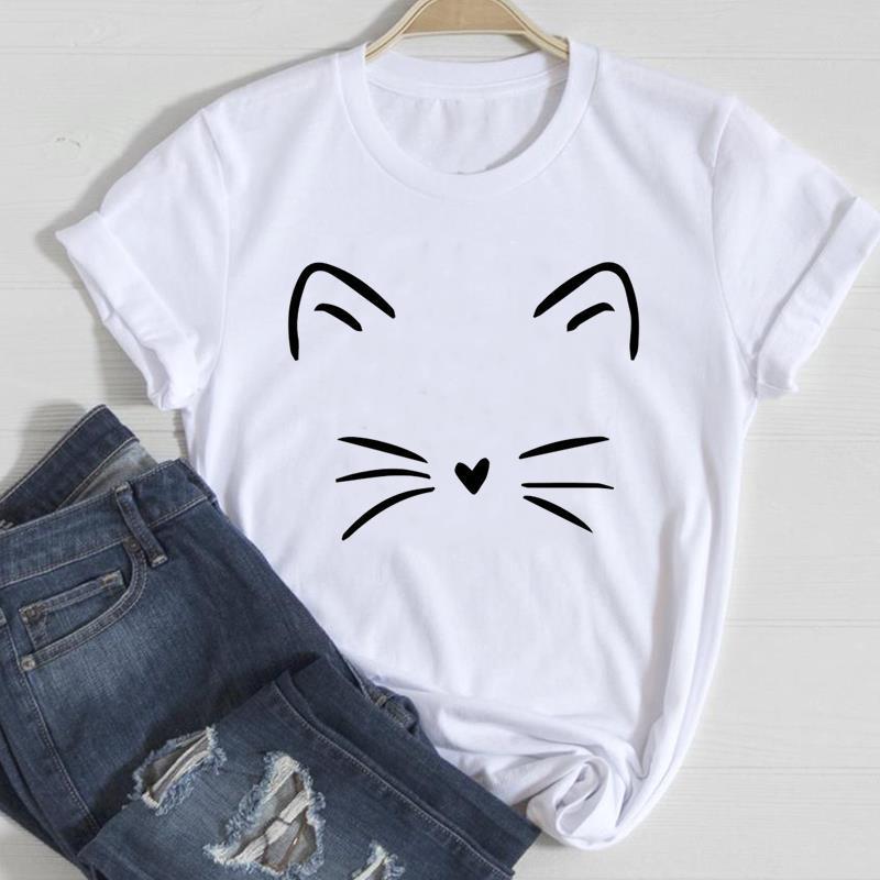 Cute Cat Print T-Shirt – Women's European & American Style Short Sleeve Top