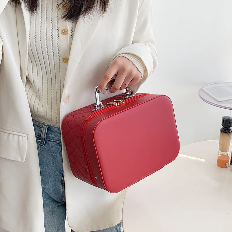 Cosmetic Bag with Mirror – Rhombus Embroidery Double-Layer Storage Caseesign Fashion Rhombus-Embroidery Double-layer Suitcase Large Capacity Make-up Storage Bags For Women