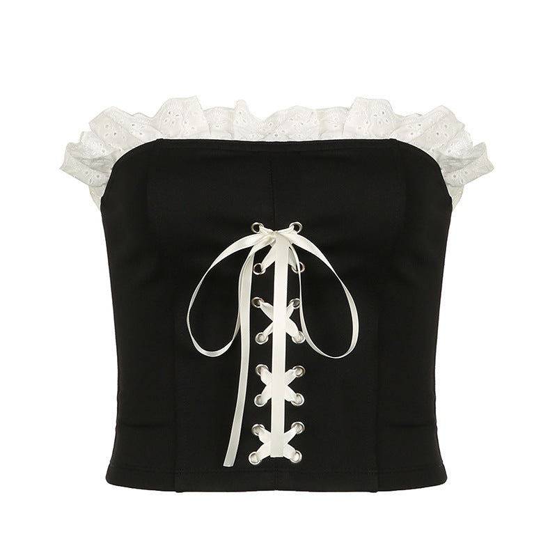 Contrast Color Wooden Ear Cross Strap Waist Tube Top Women