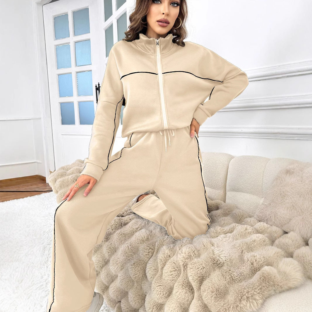 Women's Casual Long-sleeved Half Turtleneck Cardigan Sweater Lace-up Striped Trousers