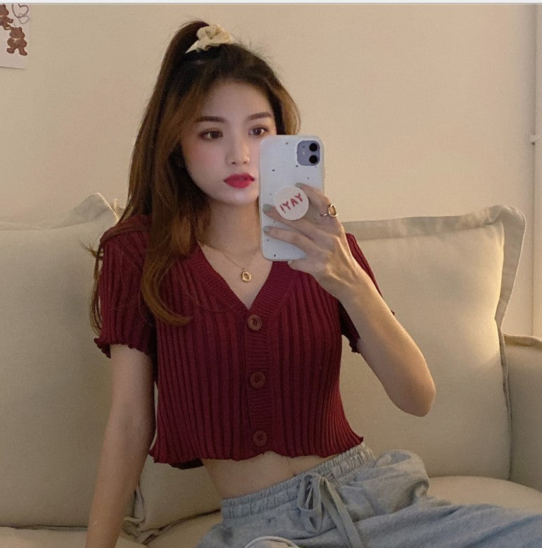 Knitted Crop Top with Ruffled Wood Ear Trim