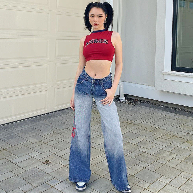 Retro Gradient Printed Washed Skinny Jeans – Women's Straight-Leg Denim Pants