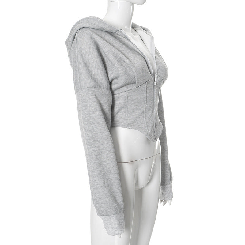 Slim Fit Zipper Hoodie Cardigan Womens Polyester Solid