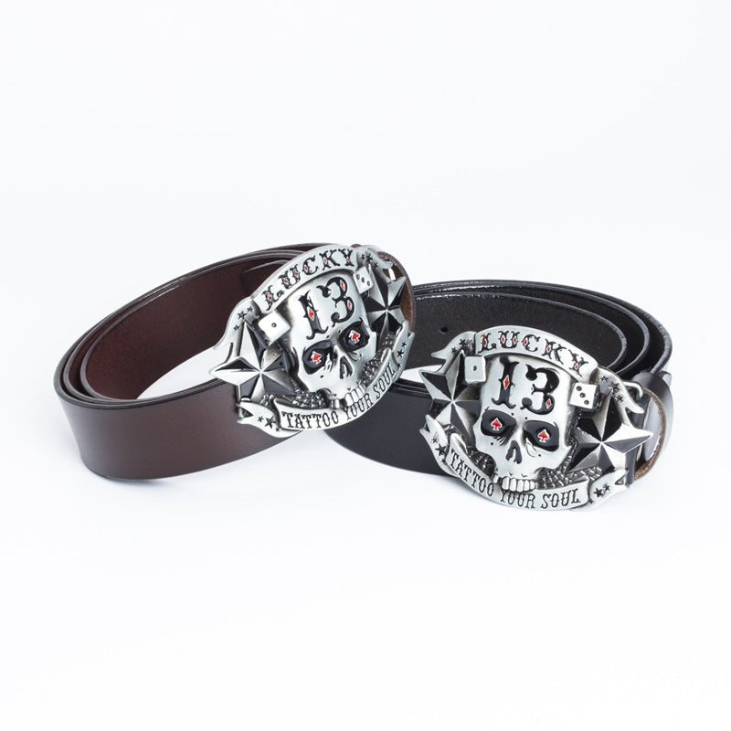 Genuine Leather Skull Belt – Smooth Buckle, Alloy Hardware