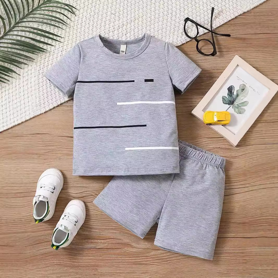New Short-sleeved T-shirt Shorts Loose Color Matching Lines Two-piece Suit