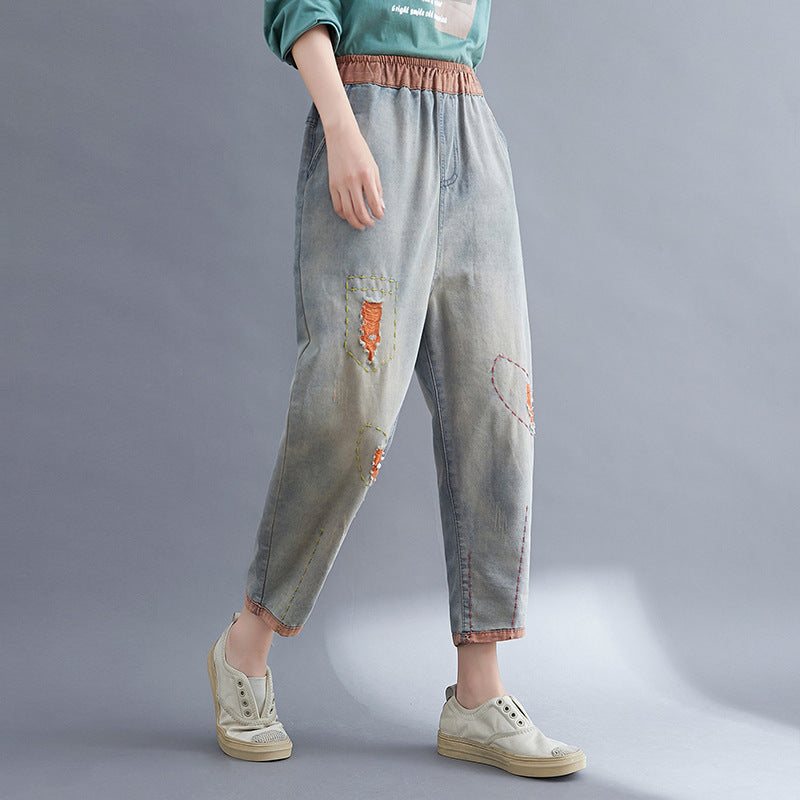 Women’s Contrast-Patch Ripped Denim Harem Pants – High-Waist, Baggy Fit, Tapered Ankle