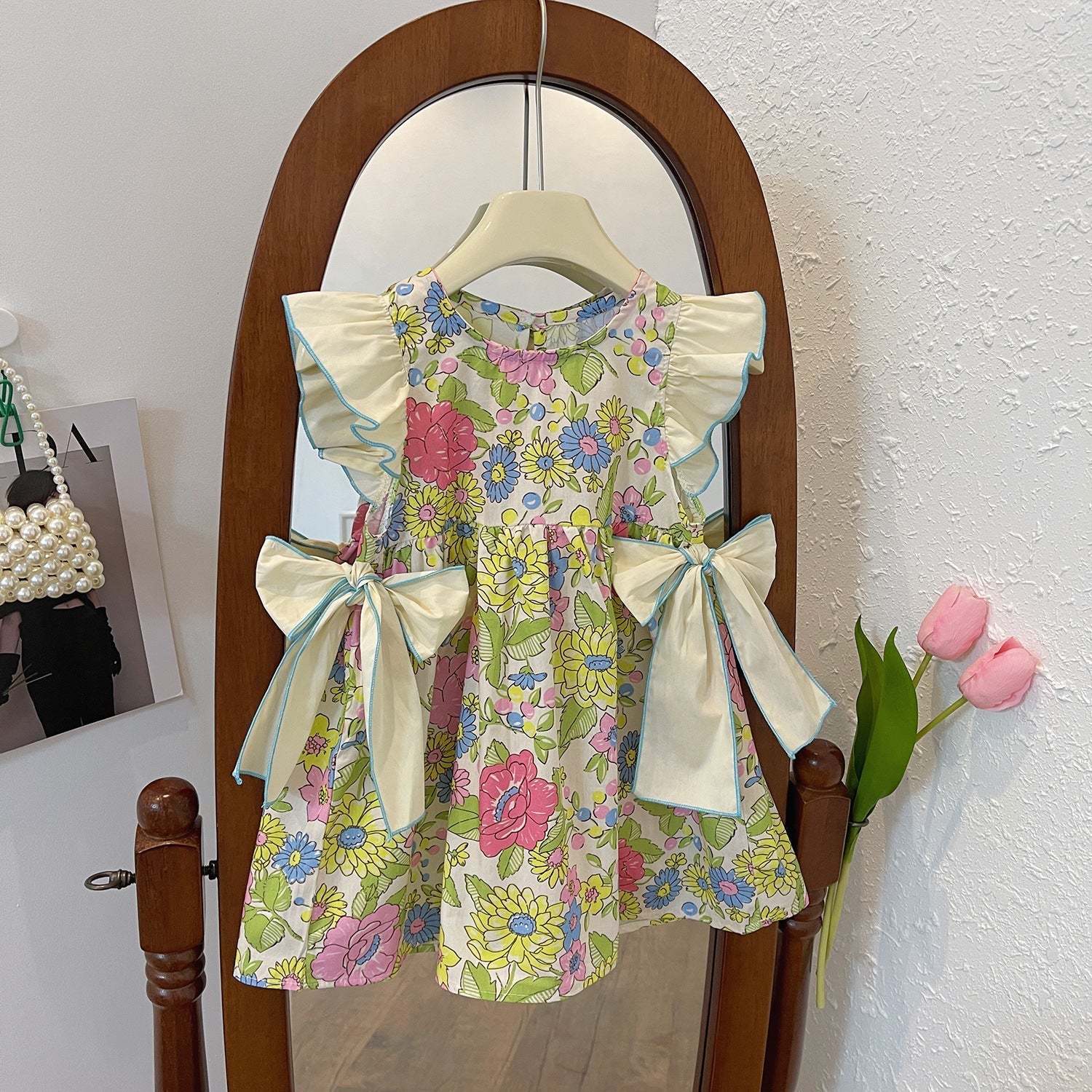 Girls Cotton Flounced Dress Korean Style Floral Bow