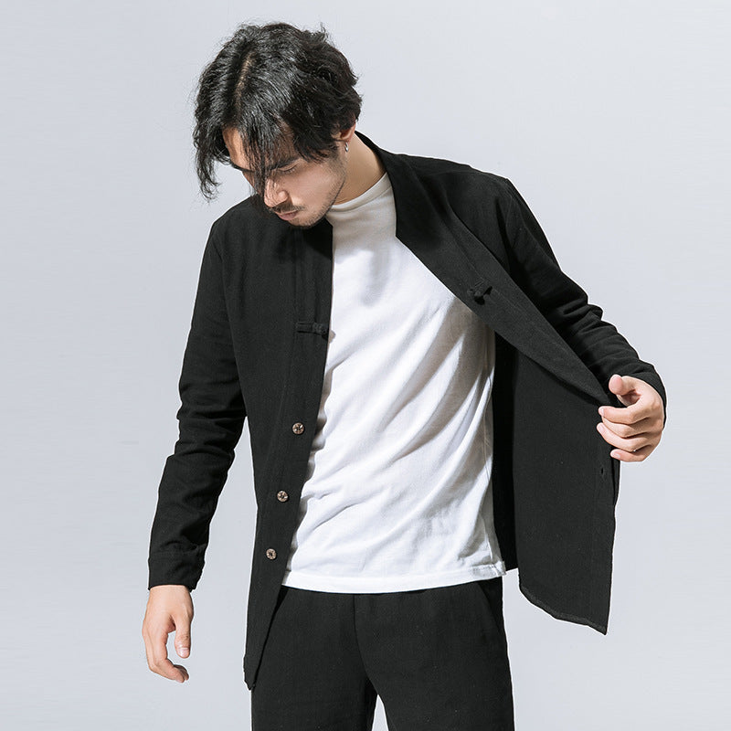 Cotton Linen Men Disc Button Long Sleeved Shirt
