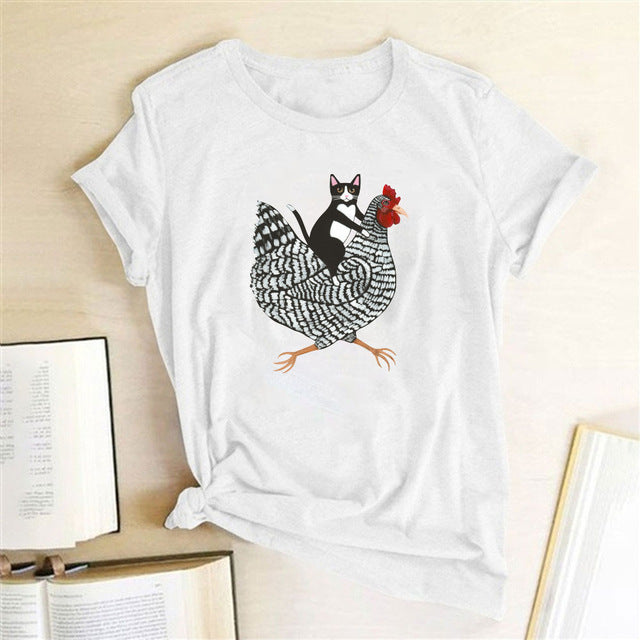 Cat Riding Chicken 3D Print Short Sleeve Funny Womens T Shirt Summer New Products Casual O Neck Wild Street Hipster Loose Ladies