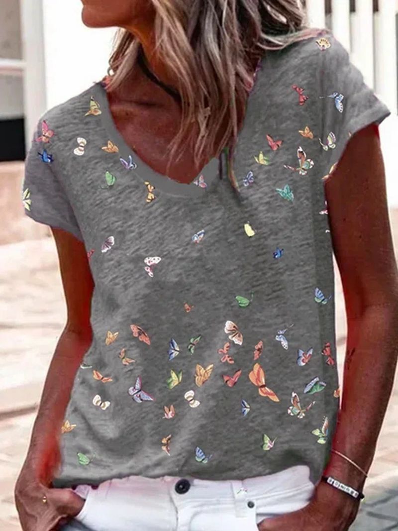 Womens Printed V Neck Short Sleeve Cotton Blend T Shirt