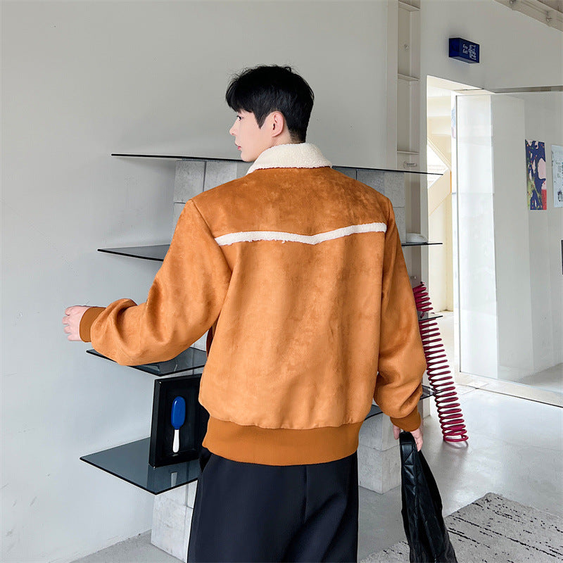 Ins Wind Faux Lambswool Fleece Lapel Pullover Sweater Jacket Men