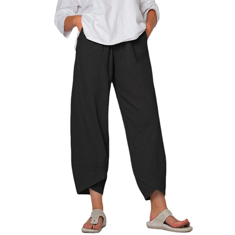 Women’s Cotton & Linen Wide-Leg Pants – Solid Color High-Waist Loose Casual Trousers