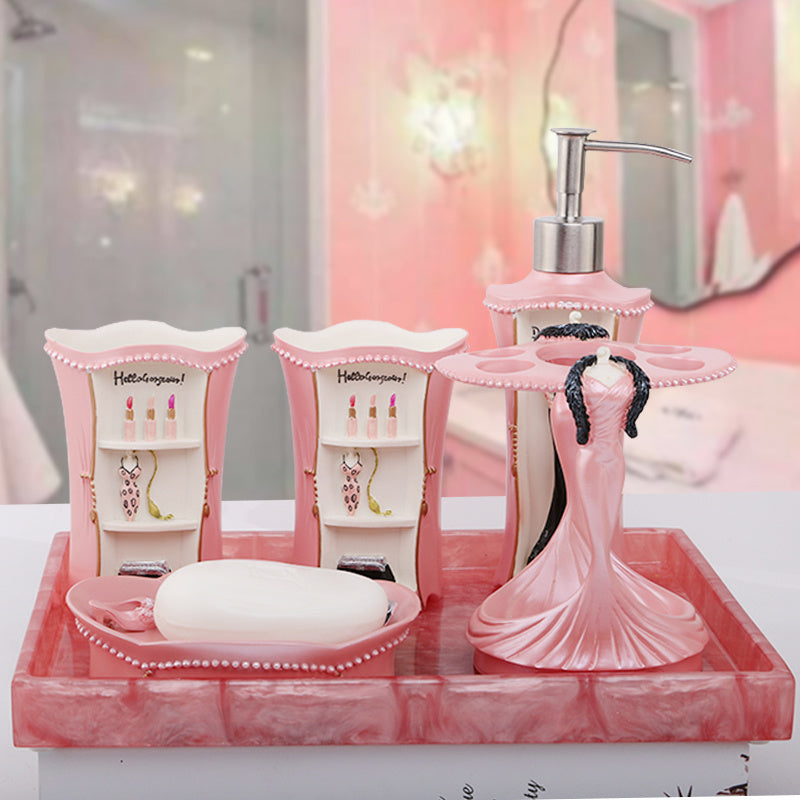Resin Bathroom Accessories Set – 5-Piece Pink Lady Design