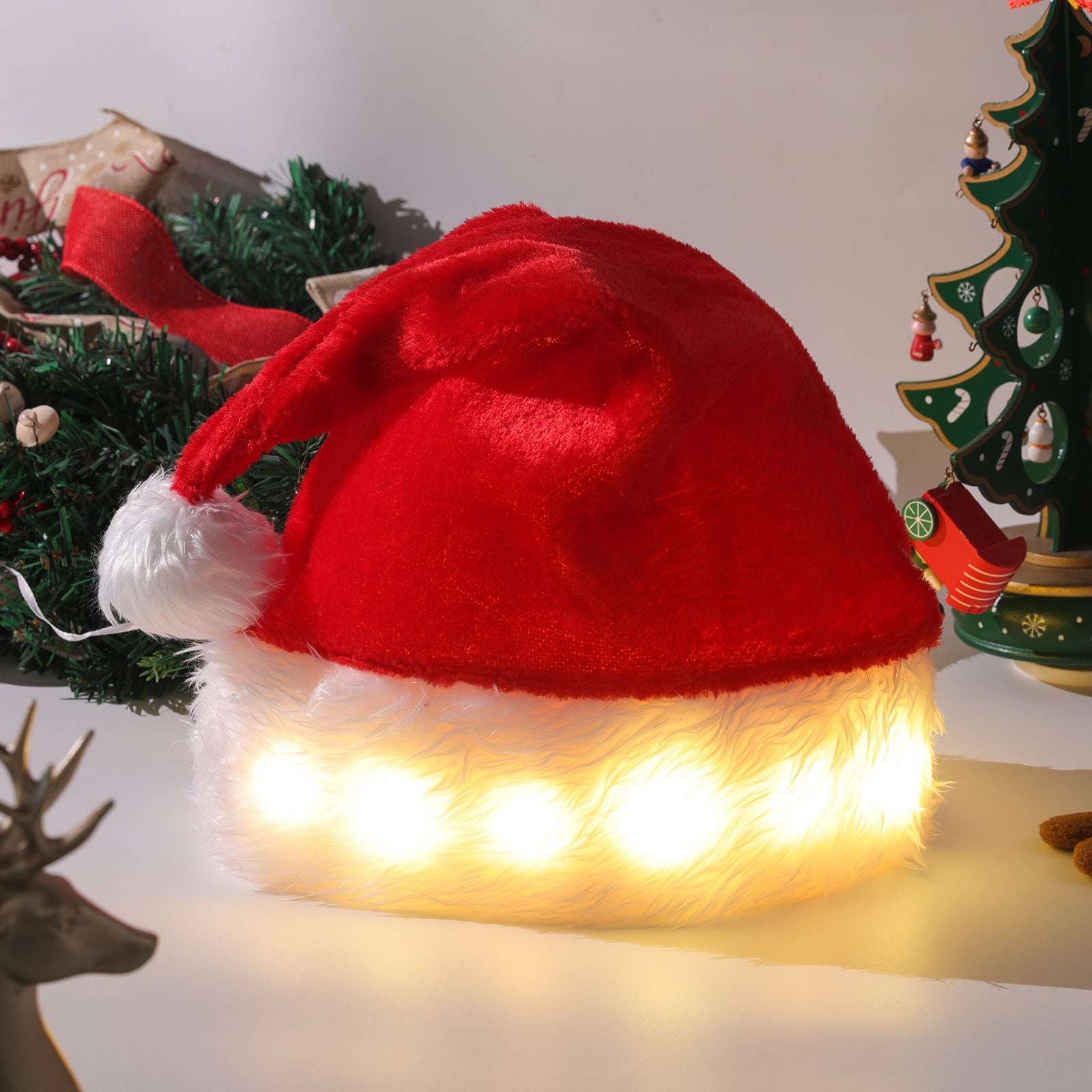 LED Light Up Plush Santa Hat for Kids and Adults Christmas Decoration