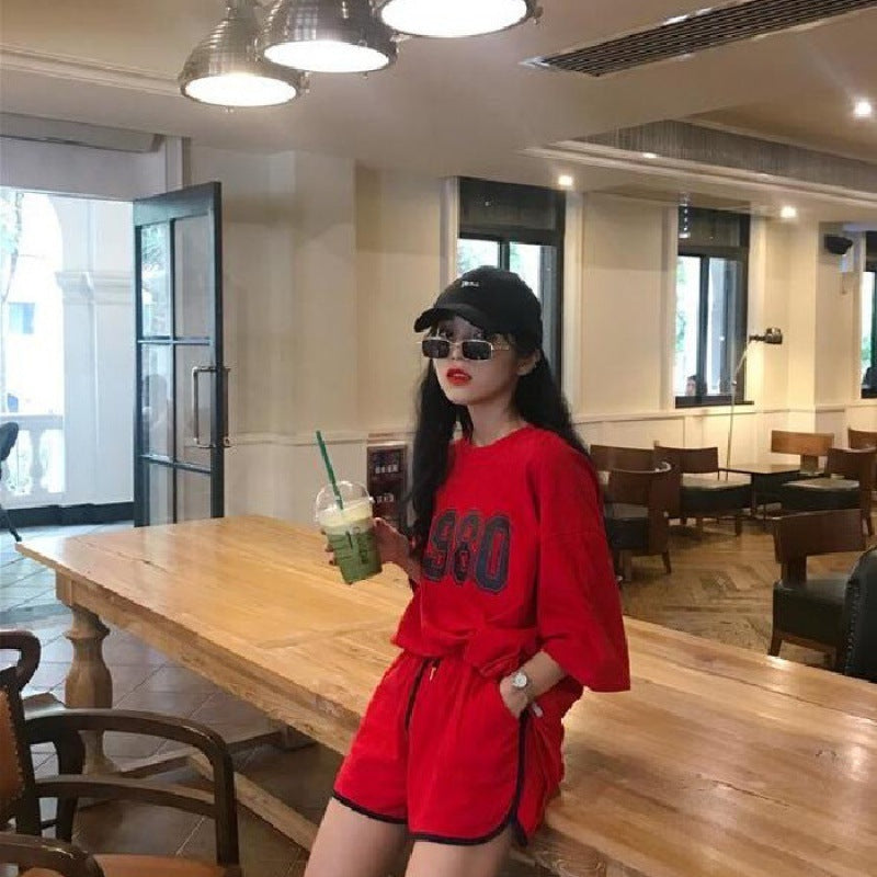 Summer Casual Sports Suit Women's Fashion Short-sleeved Wide-leg Pants Two-piece Set
