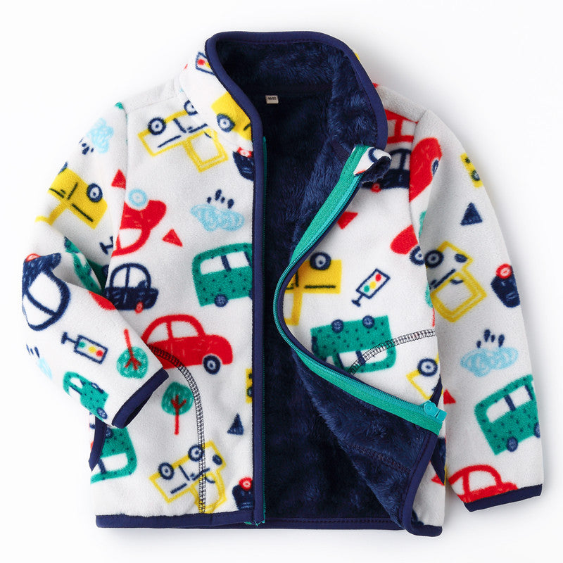 Kids Thick Fur Printed Zipper Coat Polyester Warm Outerwear