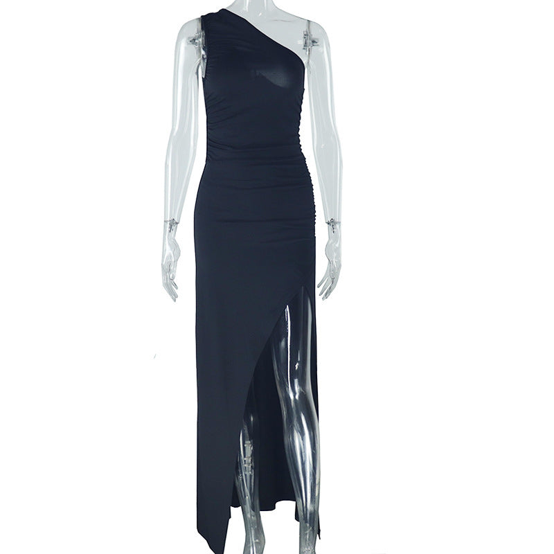 Fashion Solid Color Diagonal Collar Exposed Shoulder Sleeveless Split Dress