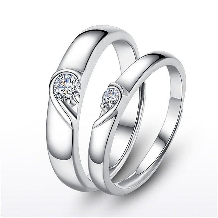 Elegant Silver Electroplated Copper Heart Diamond Couple Engagement Wedding Ring for Men and Women