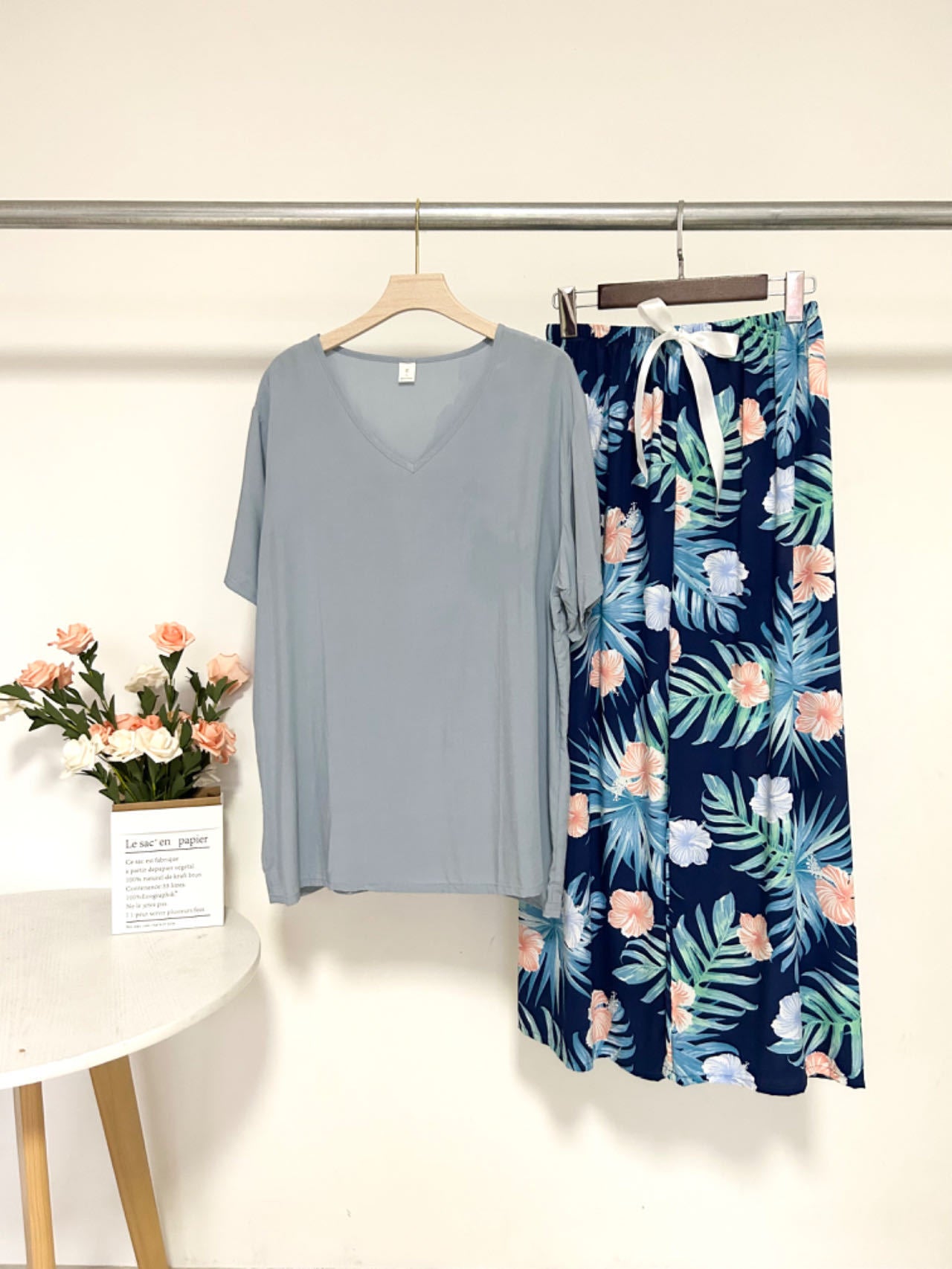 Summer Artificial Cotton Thin Short Sleeve Pants Loungewear Suit