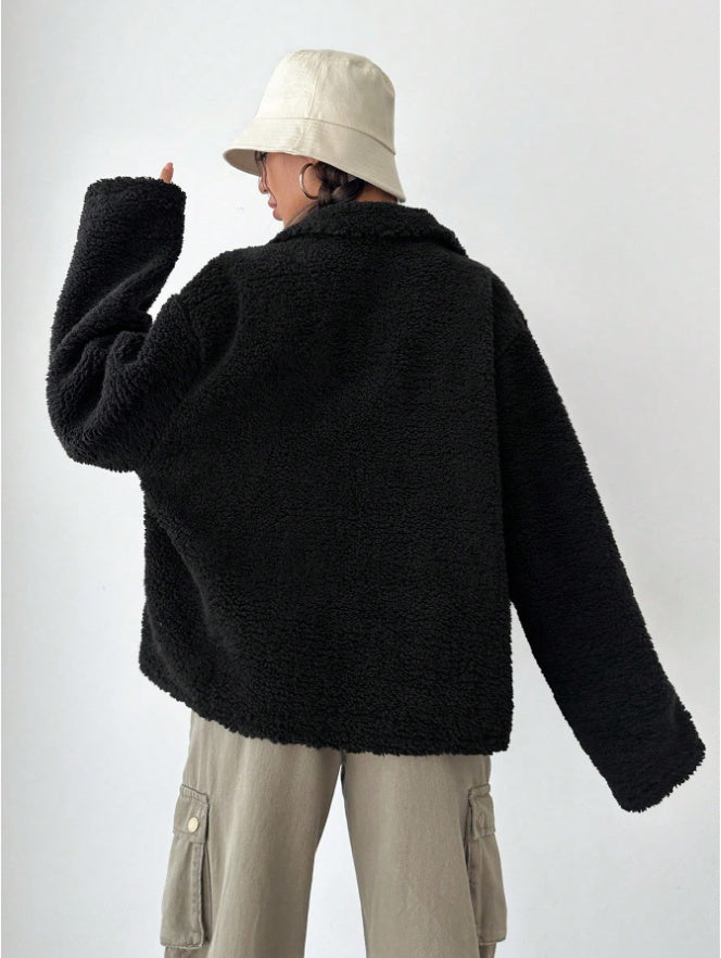Women's Regular Fit Teddy Fleece Drop Shoulder Jacket