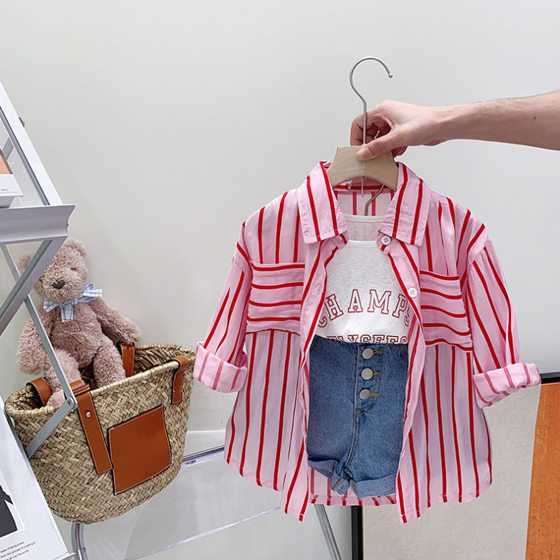 Young And Little Girls Striped Long Sleeve Shirt Three-piece Suit