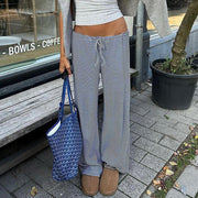 Women’s Striped Knit Casual Pants – High-Waist, Soft Stretch, Wide-Leg with Pockets