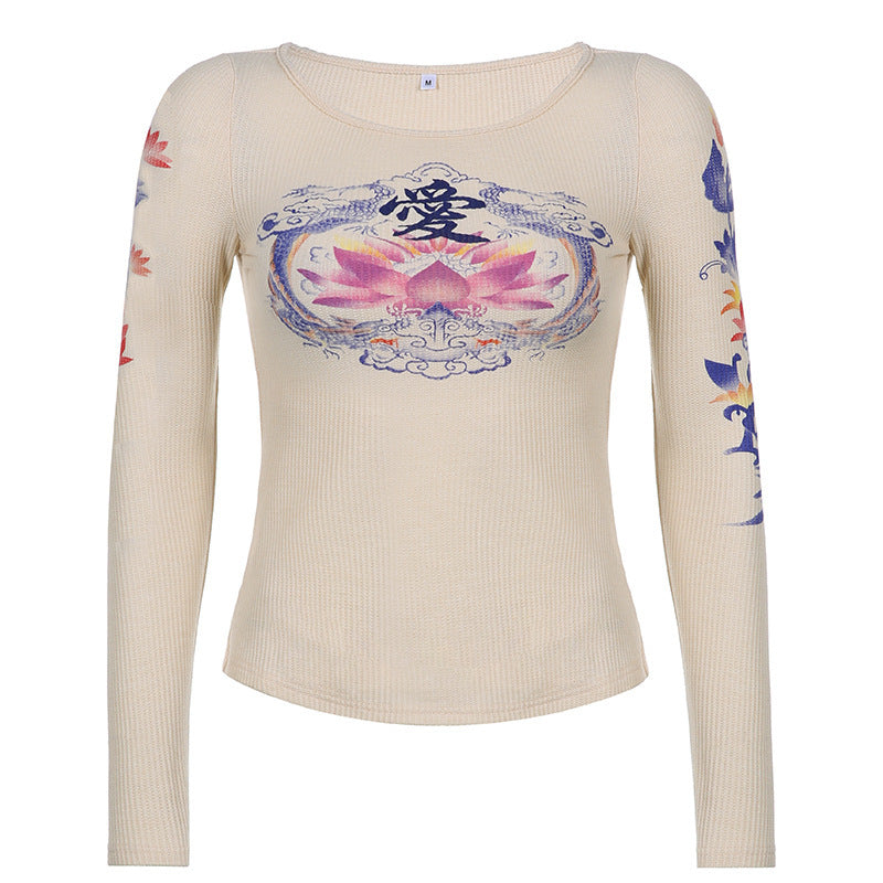 Heart Print Round Neck Low Cut Long Sleeve T-shirt Women