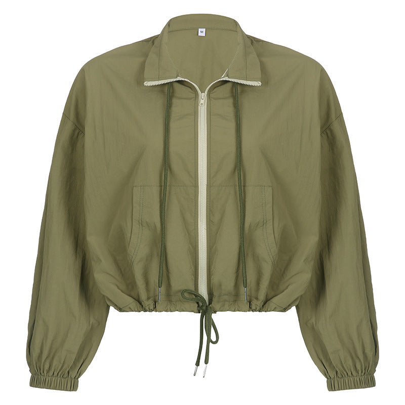 Long-sleeved Coat Shorts Two-piece Women's Army Green Zipper Stand-up Collar
