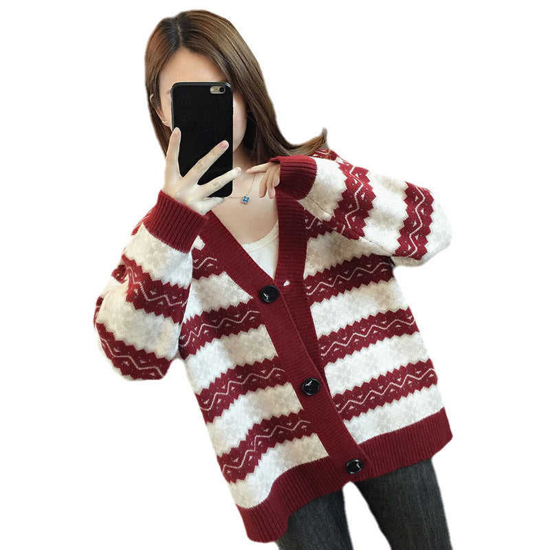 Loose And Lazy Striped Sweater Jacket