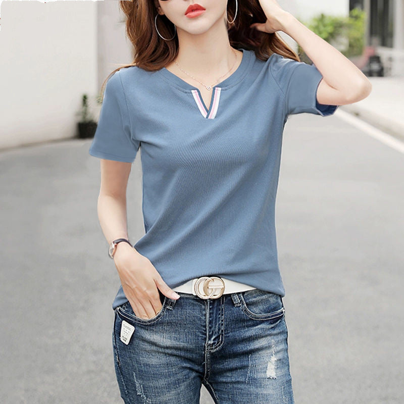 Womens Cotton Short Sleeve Slim Fit T Shirt V Neck Korean