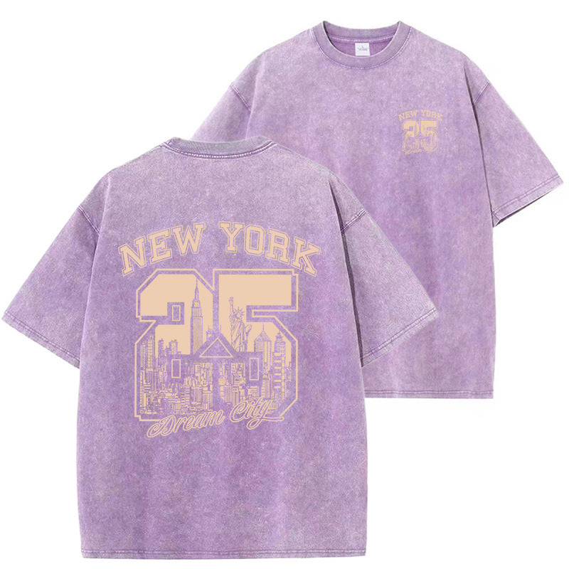 Unisex Relaxed Washed Vintage Print Short Sleeve Cotton Tee