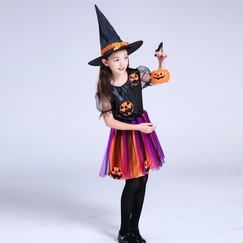 Children’s Halloween Costume Witch Dress with Hat Pumpkin Cosplay Outfit