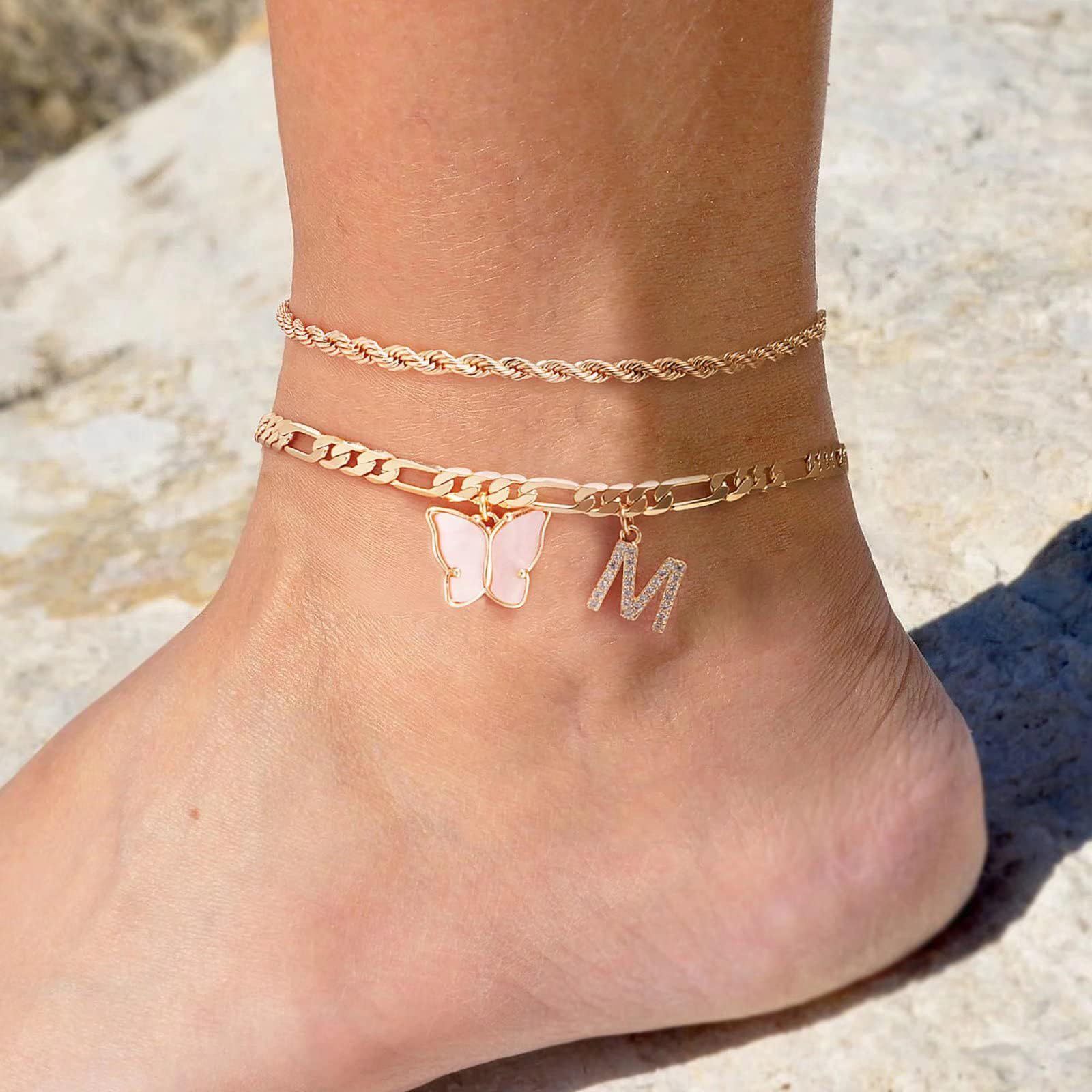 Women’s Double-Layer Stainless Steel Butterfly Letter Stack Anklets