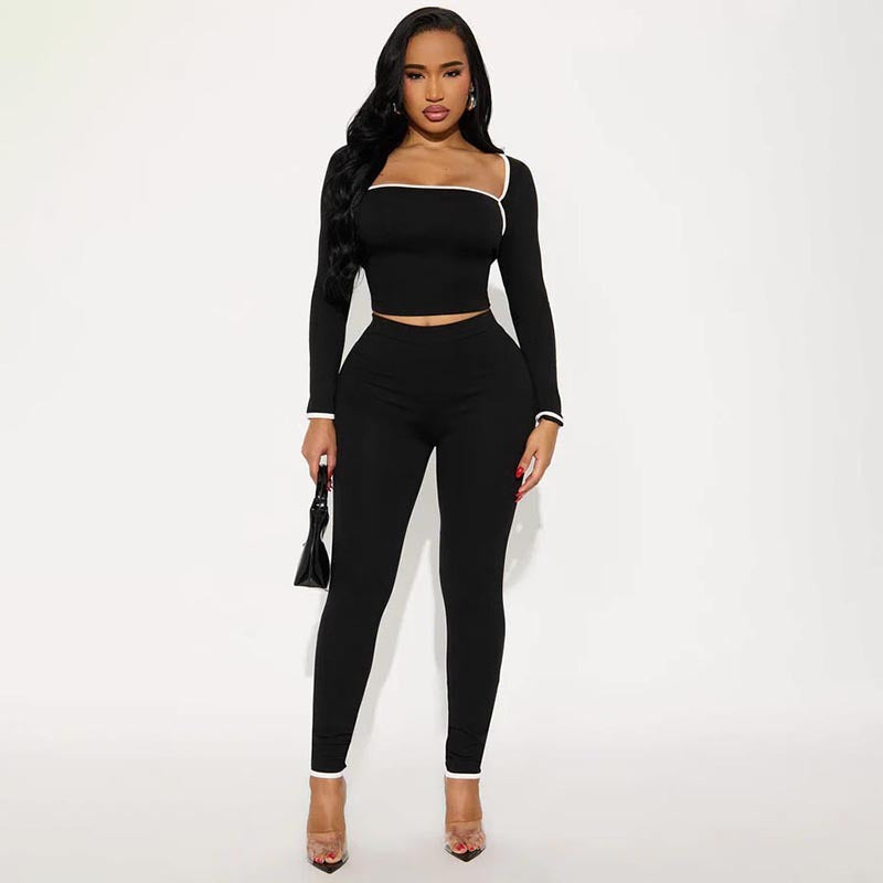 Unisex Slim Polyester Stripe Long Sleeve Top Trousers Suit