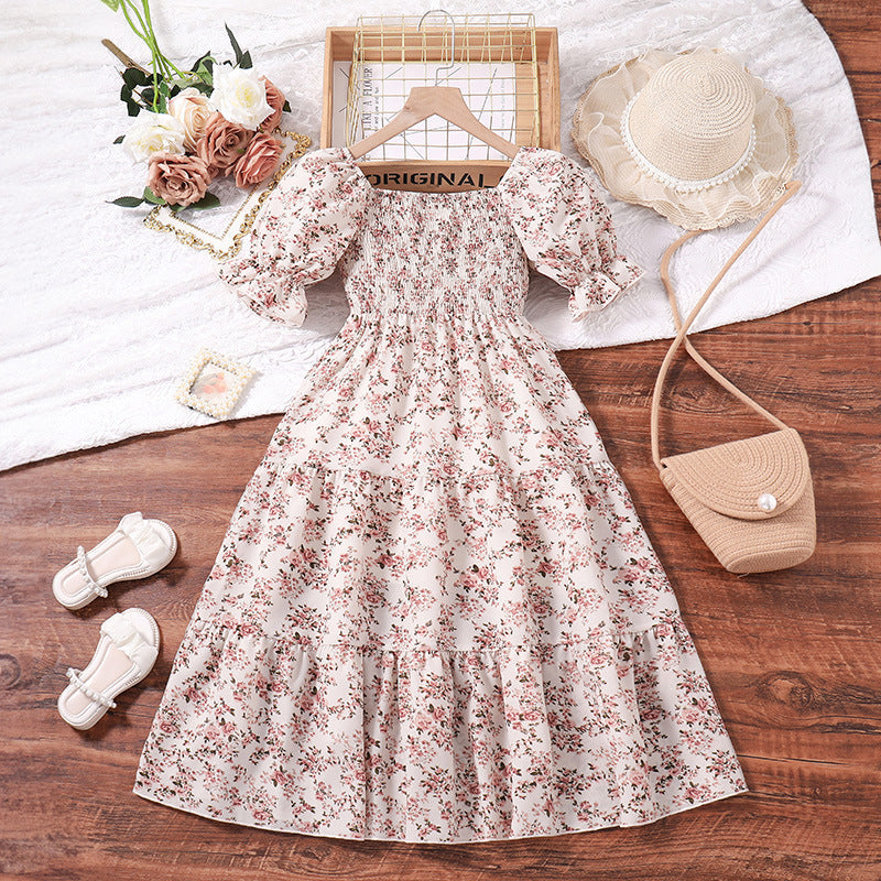 Girls Short Sleeve Cotton Blend Princess Dress Floral