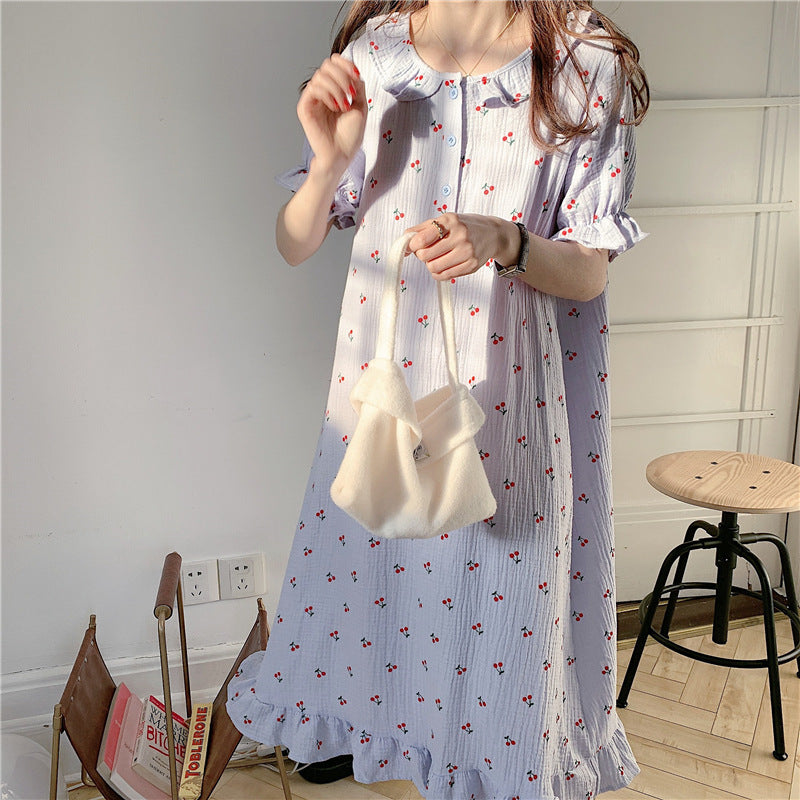 Cute Little Cherry Casual Loungewear Dress Doll Collar Nightdress