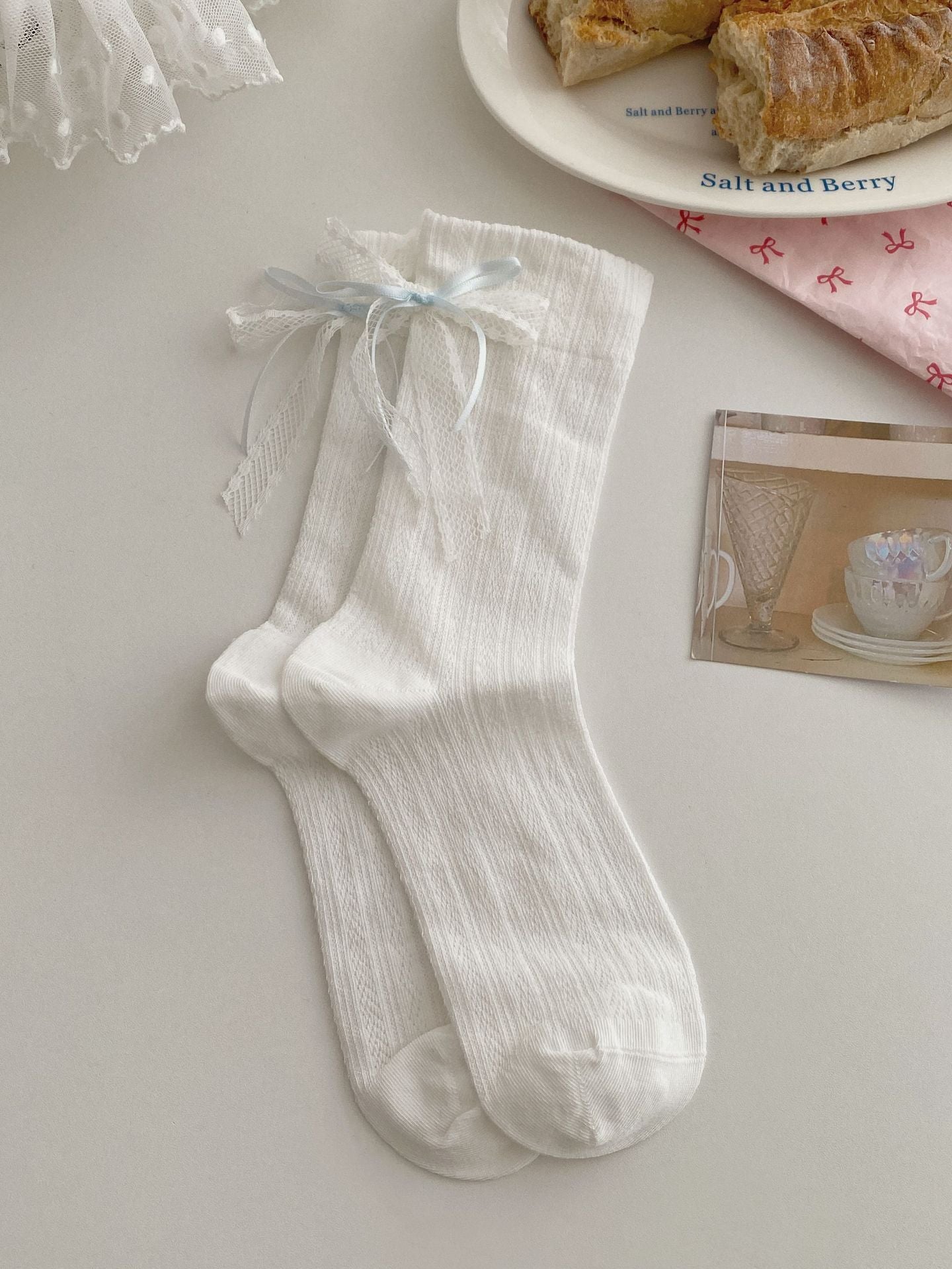 Summer Thin Boneless Ballet Style Japanese Girl Lace Bow Ribbon Mid-Tube Socks for Women