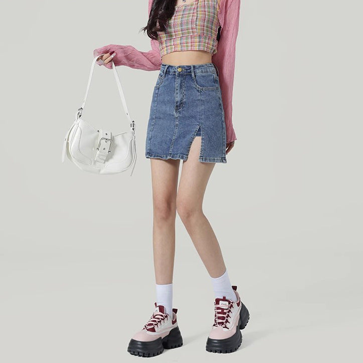 High-Waisted Distressed Denim Mini Skirt – Women’s Zipper Button Hip Skirt Casual Streetwear