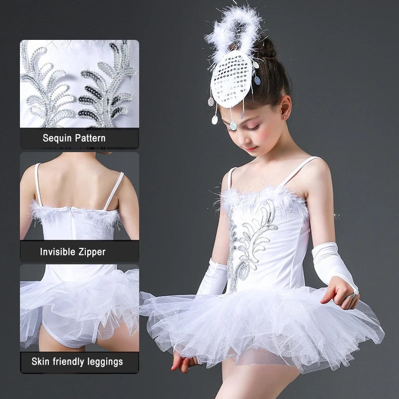 Kids Girls Sequined Ballet Tutu Dress Fashion Swan Dancewear Leotards Ballerina Costume With Headwear Pair Bracelets