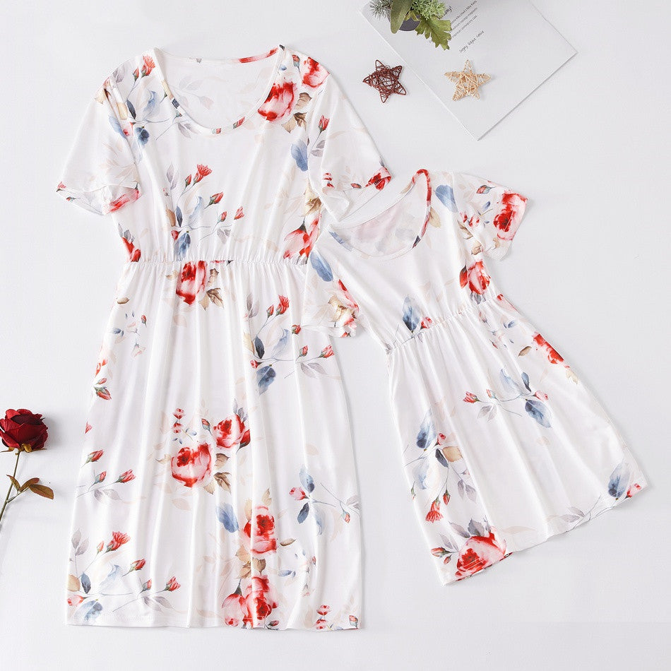 New Parent-Child Digital Print White Dress