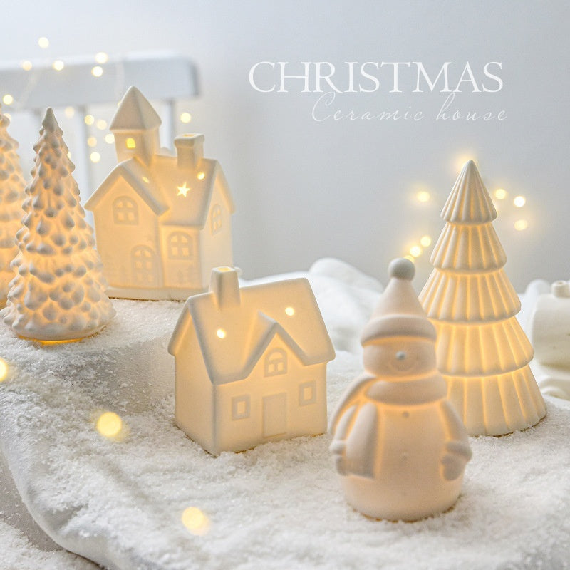 Ceramic Christmas Tree with LED Snowman Small House Desktop Decoration